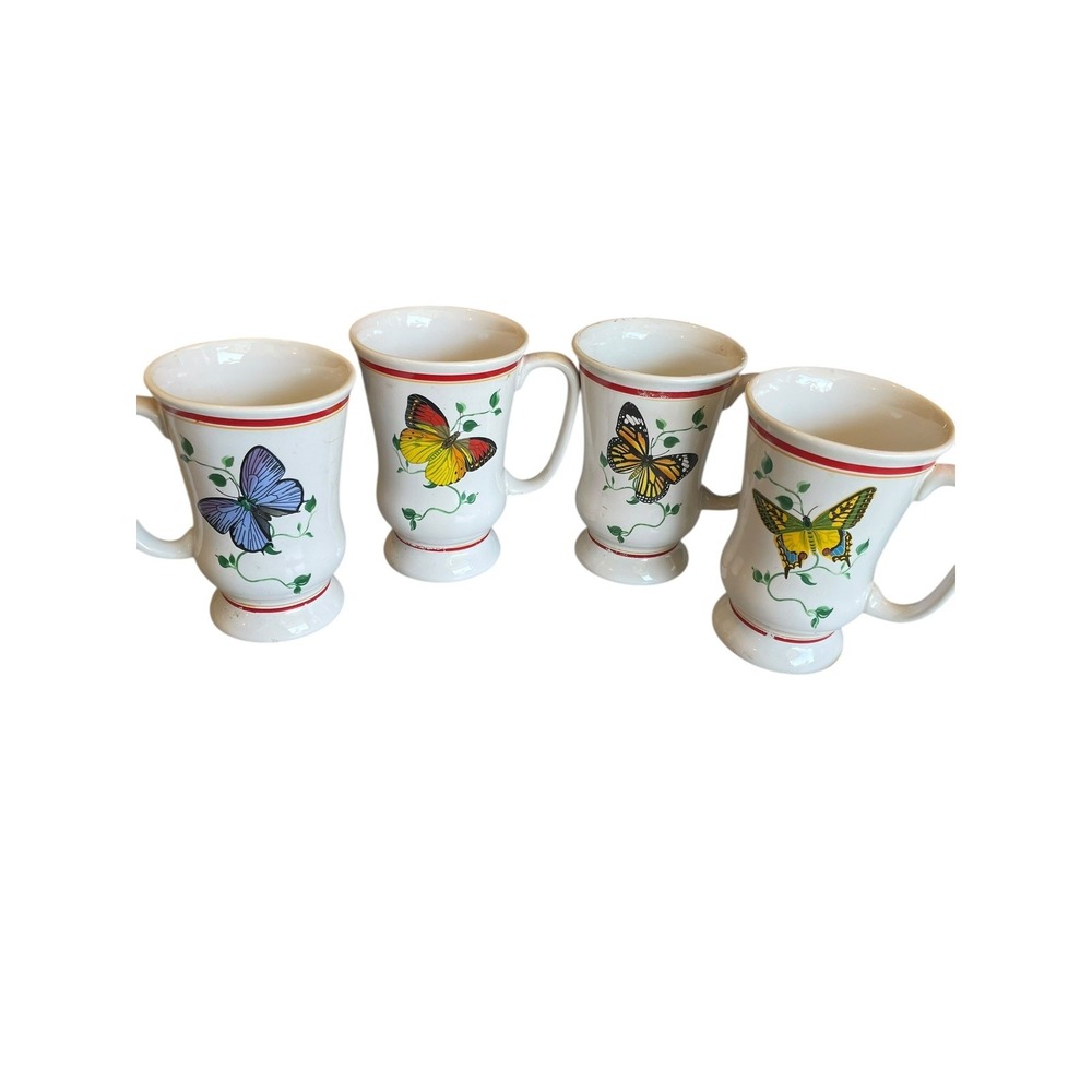 Bi Inc Butterfly Pedestal Coffee Mug Set of 4 Ceramic‎ Drinkware Tea Monarch